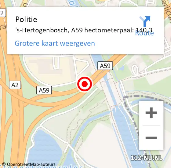 Locatie op kaart van de 112 melding: Politie 's-Hertogenbosch, A59 hectometerpaal: 140,3 op 21 december 2021 18:57