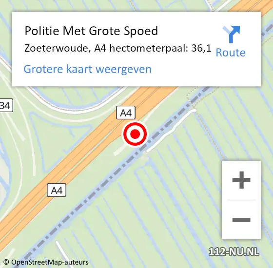 Locatie op kaart van de 112 melding: Politie Met Grote Spoed Naar Zoeterwoude, A4 hectometerpaal: 36,1 op 21 december 2021 21:45