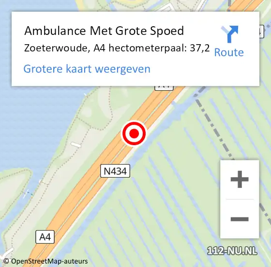Locatie op kaart van de 112 melding: Ambulance Met Grote Spoed Naar Zoeterwoude, A4 hectometerpaal: 37,2 op 21 december 2021 21:48