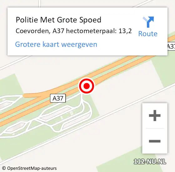 Locatie op kaart van de 112 melding: Politie Met Grote Spoed Naar Coevorden, A37 hectometerpaal: 13,2 op 22 december 2021 04:44