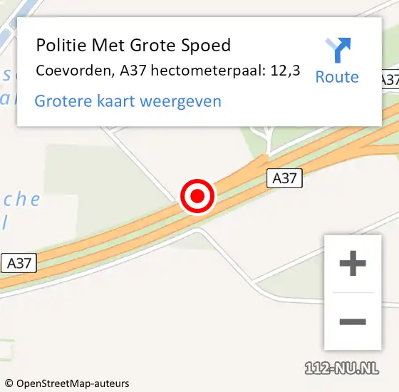 Locatie op kaart van de 112 melding: Politie Met Grote Spoed Naar Coevorden, A37 hectometerpaal: 12,3 op 22 december 2021 04:47
