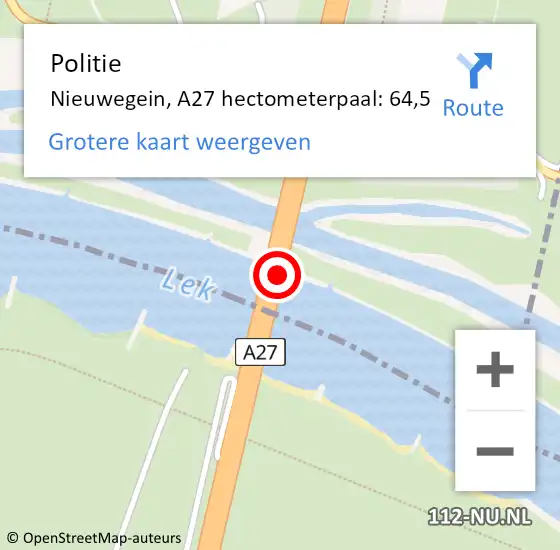 Locatie op kaart van de 112 melding: Politie Nieuwegein, A27 hectometerpaal: 64,5 op 22 december 2021 06:08