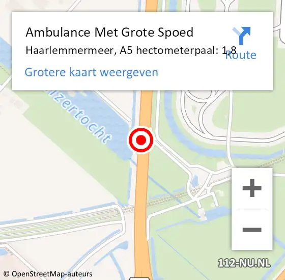 Locatie op kaart van de 112 melding: Ambulance Met Grote Spoed Naar Haarlemmermeer, A5 hectometerpaal: 1,8 op 22 december 2021 07:20