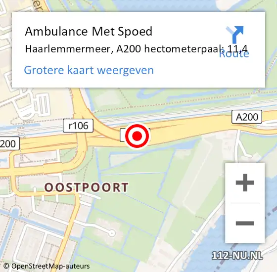 Locatie op kaart van de 112 melding: Ambulance Met Spoed Naar Haarlemmermeer, A200 hectometerpaal: 11,4 op 22 december 2021 07:39