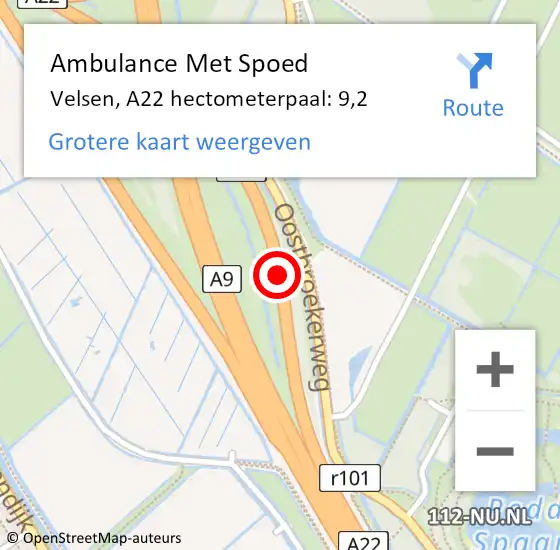 Locatie op kaart van de 112 melding: Ambulance Met Spoed Naar Velsen, A22 hectometerpaal: 9,2 op 22 december 2021 07:47