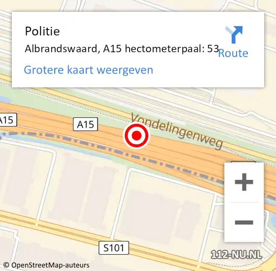 Locatie op kaart van de 112 melding: Politie Albrandswaard, A15 hectometerpaal: 53 op 22 december 2021 08:46