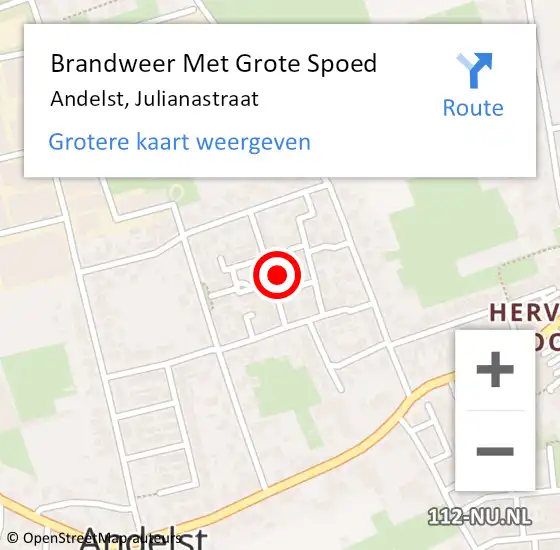 Locatie op kaart van de 112 melding: Brandweer Met Grote Spoed Naar Andelst, Julianastraat op 22 december 2021 11:05