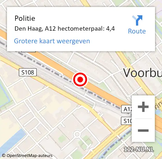 Locatie op kaart van de 112 melding: Politie Den Haag, A12 hectometerpaal: 4,4 op 22 december 2021 11:44