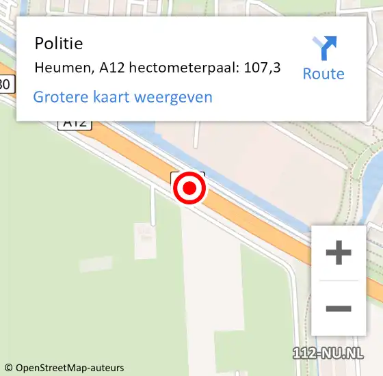 Locatie op kaart van de 112 melding: Politie Heumen, A12 hectometerpaal: 107,3 op 22 december 2021 11:46