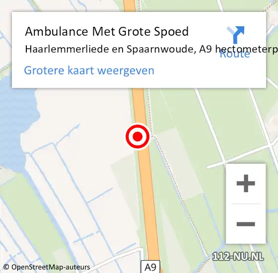 Locatie op kaart van de 112 melding: Ambulance Met Grote Spoed Naar Haarlemmerliede en Spaarnwoude, A9 hectometerpaal: 43,8 op 22 december 2021 12:51
