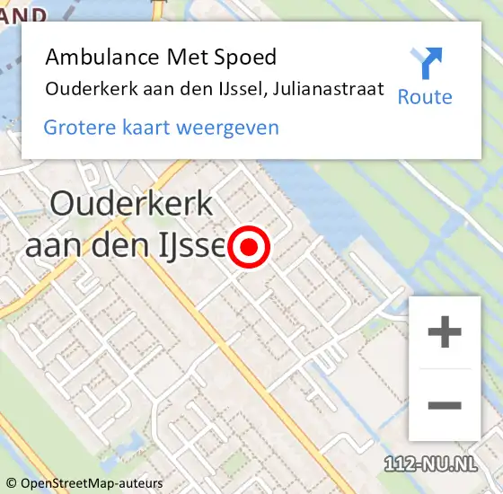 Locatie op kaart van de 112 melding: Ambulance Met Spoed Naar Ouderkerk aan den IJssel, Julianastraat op 22 december 2021 13:01