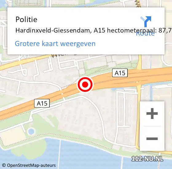 Locatie op kaart van de 112 melding: Politie Hardinxveld-Giessendam, A15 hectometerpaal: 87,7 op 22 december 2021 13:26