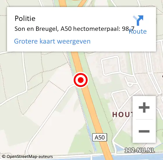 Locatie op kaart van de 112 melding: Politie Son en Breugel, A50 hectometerpaal: 98,7 op 22 december 2021 13:41