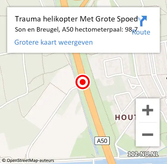 Locatie op kaart van de 112 melding: Trauma helikopter Met Grote Spoed Naar Son en Breugel, A50 hectometerpaal: 98,7 op 22 december 2021 13:44