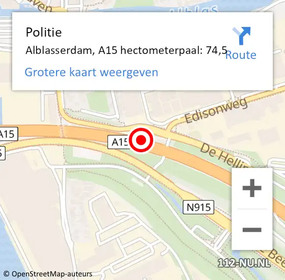 Locatie op kaart van de 112 melding: Politie Alblasserdam, A15 hectometerpaal: 74,5 op 22 december 2021 13:47