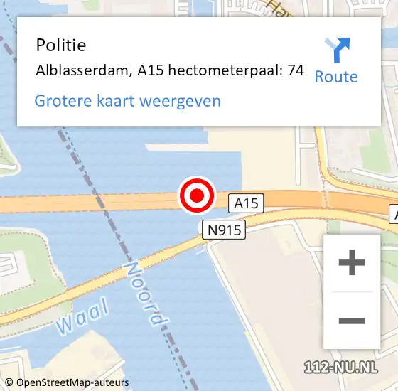 Locatie op kaart van de 112 melding: Politie Alblasserdam, A15 hectometerpaal: 74 op 22 december 2021 13:58