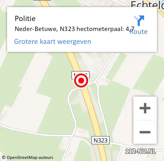 Locatie op kaart van de 112 melding: Politie Neder-Betuwe, N323 hectometerpaal: 4,7 op 22 december 2021 14:57