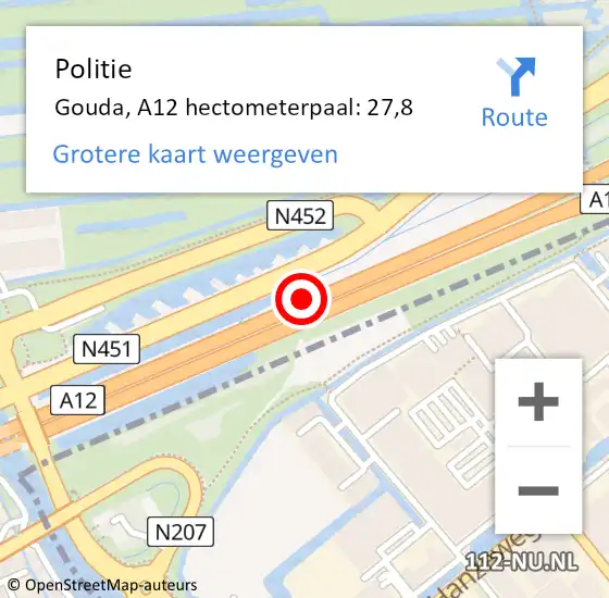 Locatie op kaart van de 112 melding: Politie Gouda, A12 hectometerpaal: 27,8 op 22 december 2021 14:58