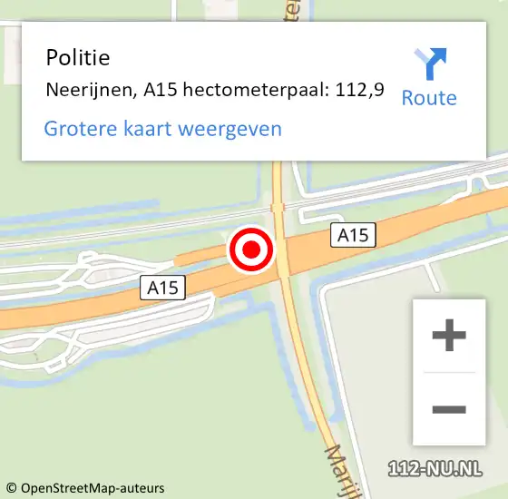 Locatie op kaart van de 112 melding: Politie Neerijnen, A15 hectometerpaal: 112,9 op 22 december 2021 16:32