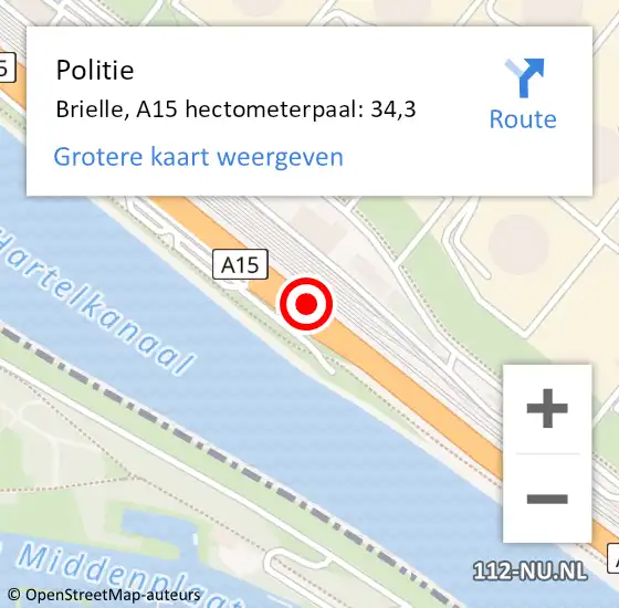 Locatie op kaart van de 112 melding: Politie Brielle, A15 hectometerpaal: 34,3 op 22 december 2021 17:29