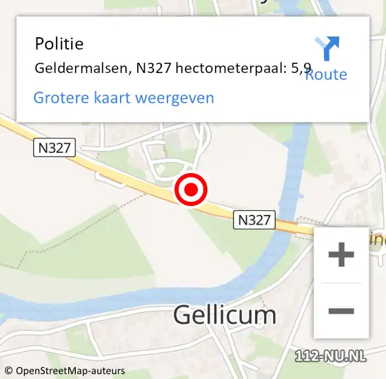 Locatie op kaart van de 112 melding: Politie Geldermalsen, N327 hectometerpaal: 5,9 op 22 december 2021 18:42