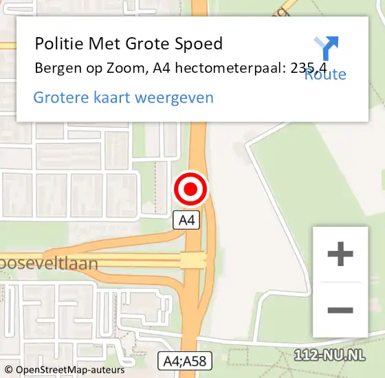 Locatie op kaart van de 112 melding: Politie Met Grote Spoed Naar Bergen op Zoom, A4 hectometerpaal: 235,4 op 22 december 2021 20:10