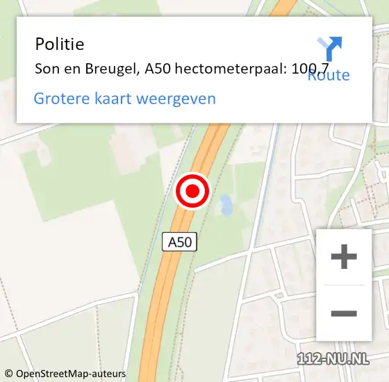 Locatie op kaart van de 112 melding: Politie Son en Breugel, A50 hectometerpaal: 100,7 op 22 december 2021 22:03