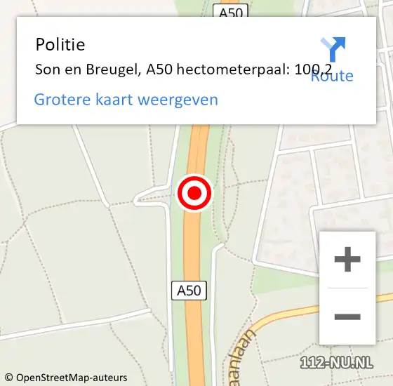 Locatie op kaart van de 112 melding: Politie Son en Breugel, A50 hectometerpaal: 100,2 op 22 december 2021 22:05