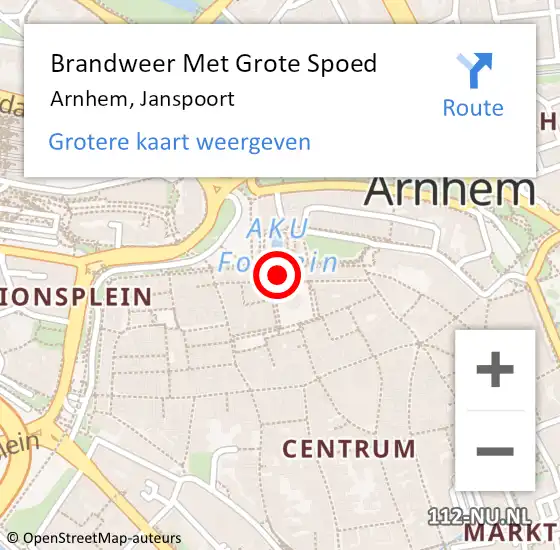 Locatie op kaart van de 112 melding: Brandweer Met Grote Spoed Naar Arnhem, Janspoort op 22 december 2021 23:07