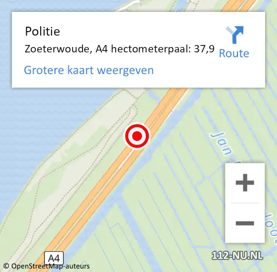 Locatie op kaart van de 112 melding: Politie Zoeterwoude, A4 hectometerpaal: 37,9 op 23 december 2021 07:14