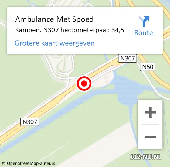 Locatie op kaart van de 112 melding: Ambulance Met Spoed Naar Kampen, N307 hectometerpaal: 34,5 op 23 december 2021 08:24