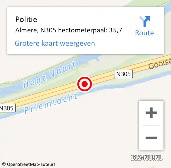 Locatie op kaart van de 112 melding: Politie Almere, N305 hectometerpaal: 35,7 op 23 december 2021 08:47