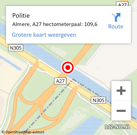 Locatie op kaart van de 112 melding: Politie Almere, A27 hectometerpaal: 109,6 op 23 december 2021 08:53