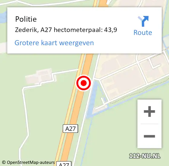 Locatie op kaart van de 112 melding: Politie Zederik, A27 hectometerpaal: 43,9 op 23 december 2021 08:55