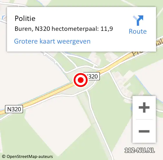 Locatie op kaart van de 112 melding: Politie Buren, N320 hectometerpaal: 11,9 op 23 december 2021 09:14