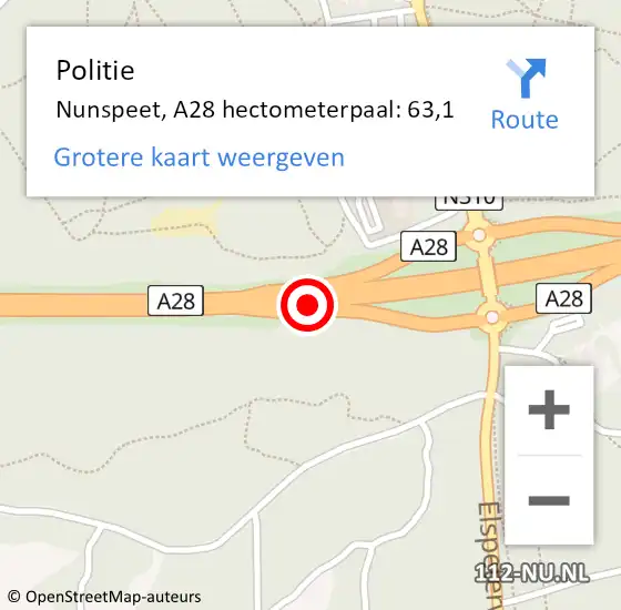 Locatie op kaart van de 112 melding: Politie Nunspeet, A28 hectometerpaal: 63,1 op 23 december 2021 09:22