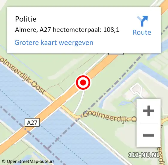 Locatie op kaart van de 112 melding: Politie Almere, A27 hectometerpaal: 108,1 op 23 december 2021 09:25