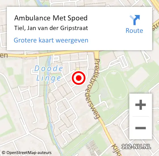 Locatie op kaart van de 112 melding: Ambulance Met Spoed Naar Tiel, Jan van der Gripstraat op 23 december 2021 10:39