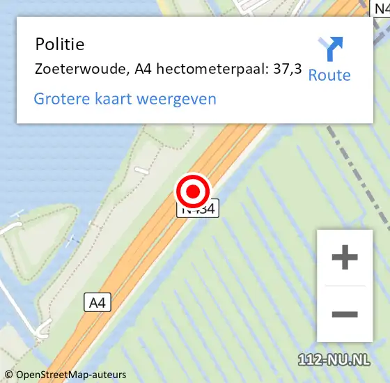 Locatie op kaart van de 112 melding: Politie Zoeterwoude, A4 hectometerpaal: 37,3 op 23 december 2021 12:08