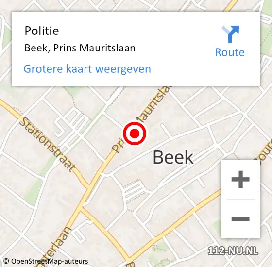 Locatie op kaart van de 112 melding: Politie Beek, Prins Mauritslaan op 23 december 2021 12:55