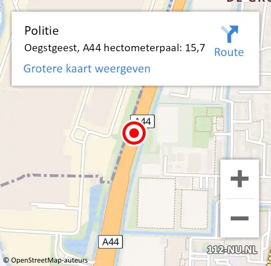 Locatie op kaart van de 112 melding: Politie Oegstgeest, A44 hectometerpaal: 15,7 op 23 december 2021 13:29