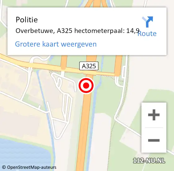 Locatie op kaart van de 112 melding: Politie Overbetuwe, A325 hectometerpaal: 14,9 op 23 december 2021 14:53