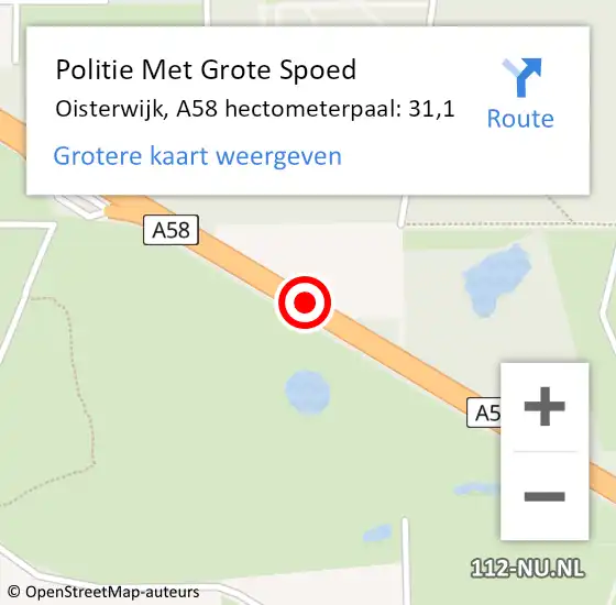 Locatie op kaart van de 112 melding: Politie Met Grote Spoed Naar Oisterwijk, A58 hectometerpaal: 31,1 op 23 december 2021 18:44