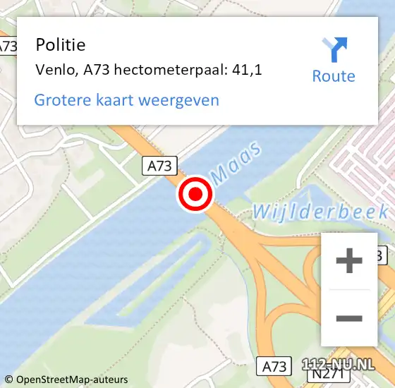 Locatie op kaart van de 112 melding: Politie Venlo, A73 hectometerpaal: 41,1 op 23 december 2021 21:04