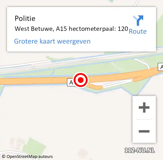 Locatie op kaart van de 112 melding: Politie Geldermalsen, A15 hectometerpaal: 120 op 23 december 2021 23:43