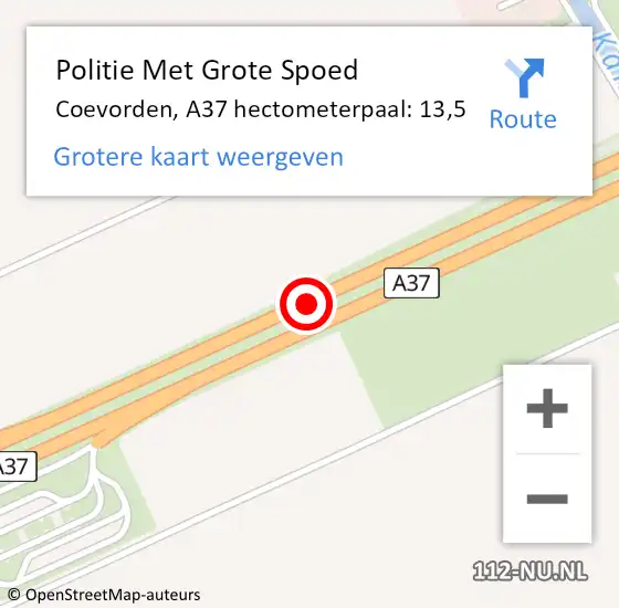 Locatie op kaart van de 112 melding: Politie Met Grote Spoed Naar Coevorden, A37 hectometerpaal: 13,5 op 24 december 2021 09:10