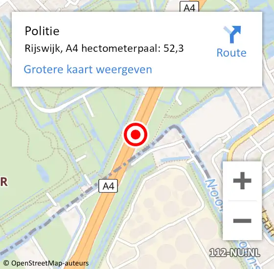 Locatie op kaart van de 112 melding: Politie Rijswijk, A4 hectometerpaal: 52,3 op 24 december 2021 13:29