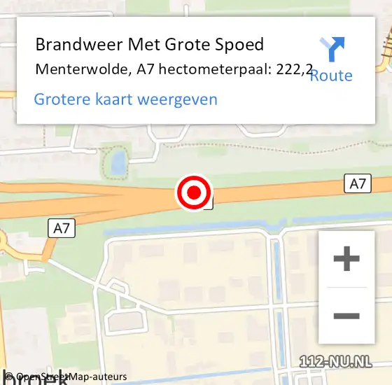 Locatie op kaart van de 112 melding: Brandweer Met Grote Spoed Naar Menterwolde, A7 hectometerpaal: 222,2 op 24 december 2021 14:11