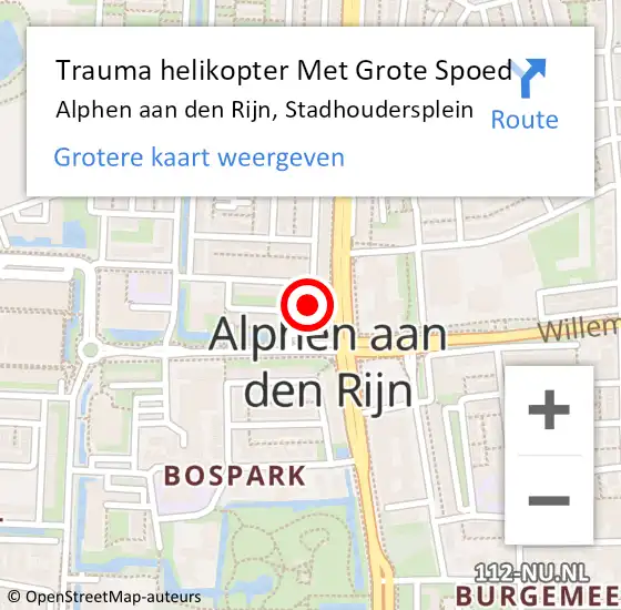 Locatie op kaart van de 112 melding: Trauma helikopter Met Grote Spoed Naar Alphen aan den Rijn, Stadhoudersplein op 24 december 2021 14:45