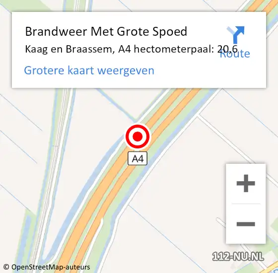 Locatie op kaart van de 112 melding: Brandweer Met Grote Spoed Naar Kaag en Braassem, A4 hectometerpaal: 20,6 op 24 december 2021 15:19